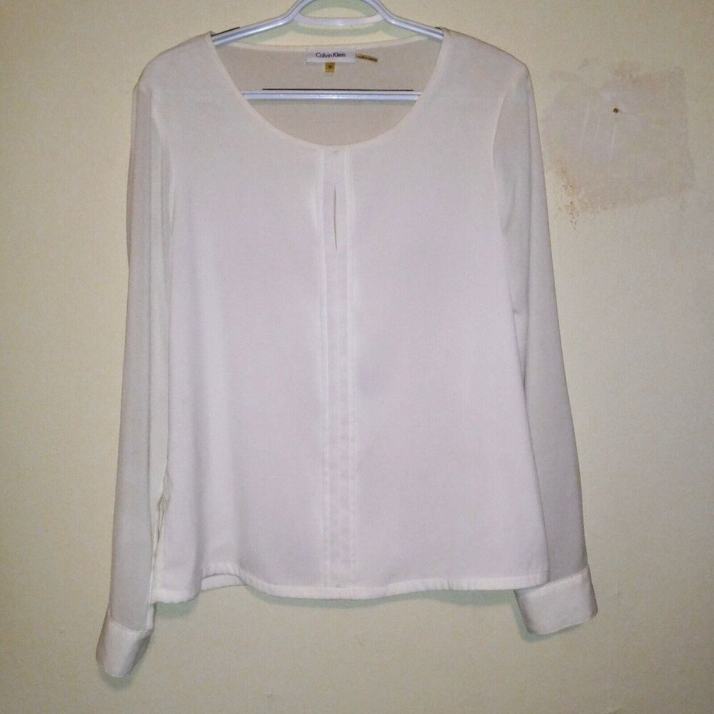 Calvin Klein Medium Scoop Neck Blouse-Keyhole-Gold Button Details-Semi Sheer